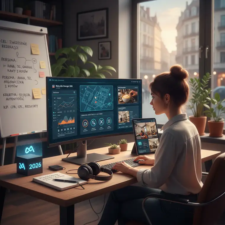 Widok konfiguracji kampanii Facebook Ads dla lokalnej firmy w Menedżerze Reklam z ustawieniami celu, budżetu i harmonogramu