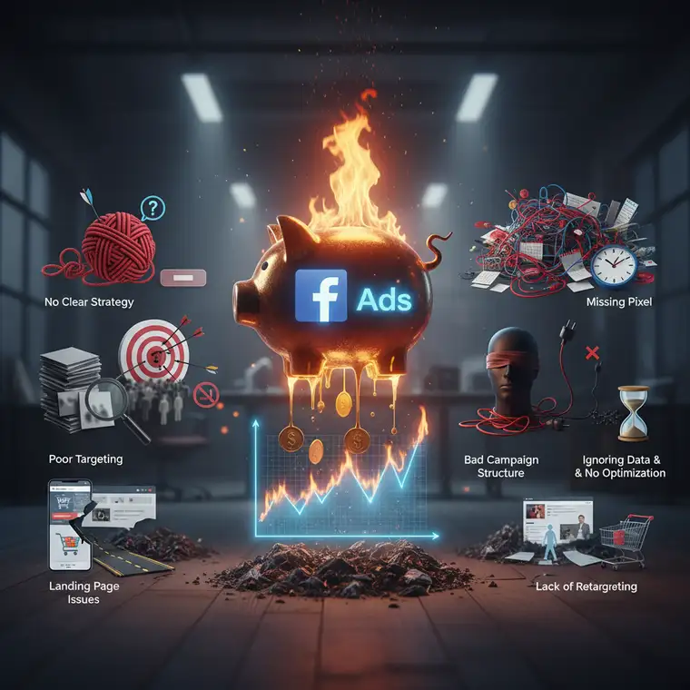 Zespół marketingowy analizujący kreacje Facebook Ads e-commerce na laptopach, omawiający grafiki, teksty i CTA pod kątem konwersji