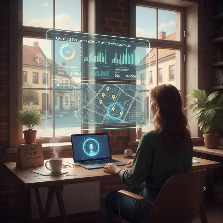 Wizualizacja kampanii Facebook Ads lokalnego biznesu w małym mieście, prezentująca autentyczne zdjęcia, oferty sąsiedzkie i niższy koszt leada w 2026 roku