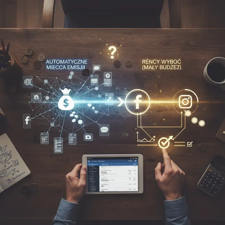 Marketingowiec analizuje raporty miejsc emisji Facebook i Instagram, porównując Audience Network oraz ręcznie wybrane umiejscowienia przy niskim budżecie kampanii