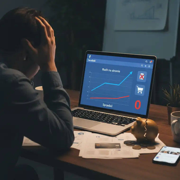 Dashboard menedżera reklam Facebook Ads z zaznaczonym celem kampanii Sprzedaż i analizą skuteczności kampanii ruch versus kampanie sprzedażowe