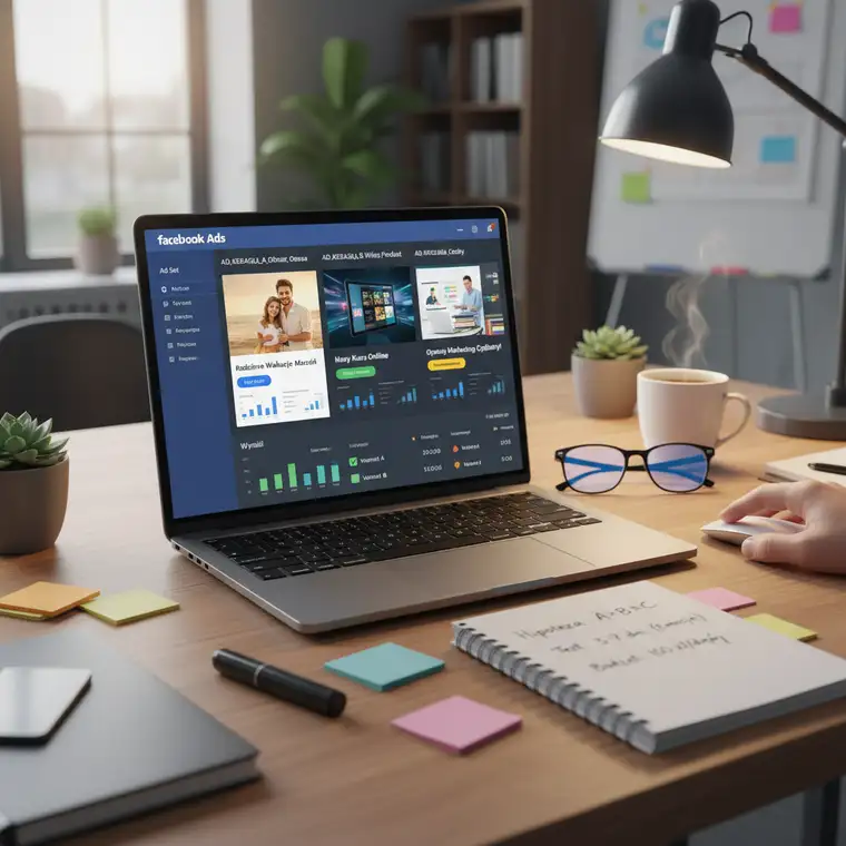 Dashboard z wynikami kampanii Facebook Ads, prezentujący porównanie CTR, CPC i kosztu konwersji dla trzech różnych kreacji w jednym zestawie reklam