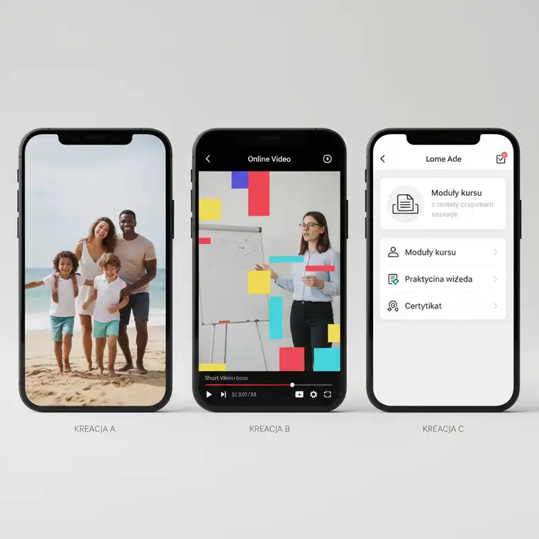 Panel Menedżera Reklam Facebooka z ustawioną kampanią i trzema wariantami kreacji w jednym zestawie reklam, pokazujący uporządkowany test A/B/C