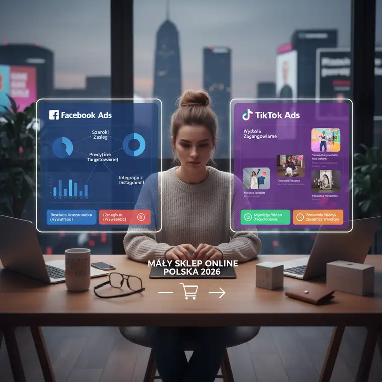 Porównanie Facebook Ads i TikTok Ads na wykresie dla małego sklepu online w Polsce, z podziałem na cele kampanii i grupy wiekowe klientów