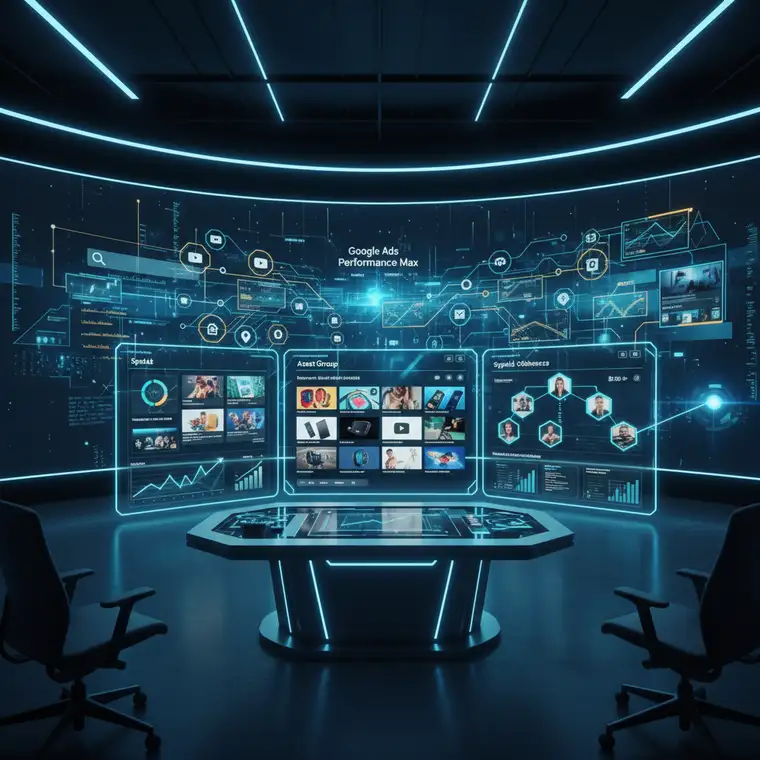 Panel Google Ads z konfiguracją grup zasobów Performance Max dla sklepu z elektroniką, widoczne nagłówki, obrazy i filmy produktowe