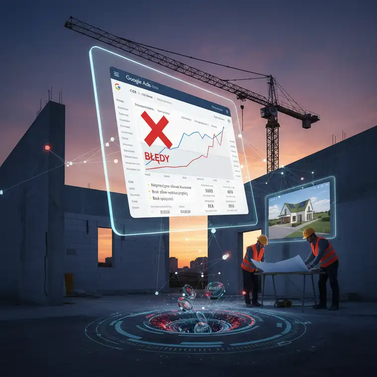 Wykres kosztu kliknięcia CPC oraz analiza kampanii Google Ads w branży budowlanej na ekranie komputera