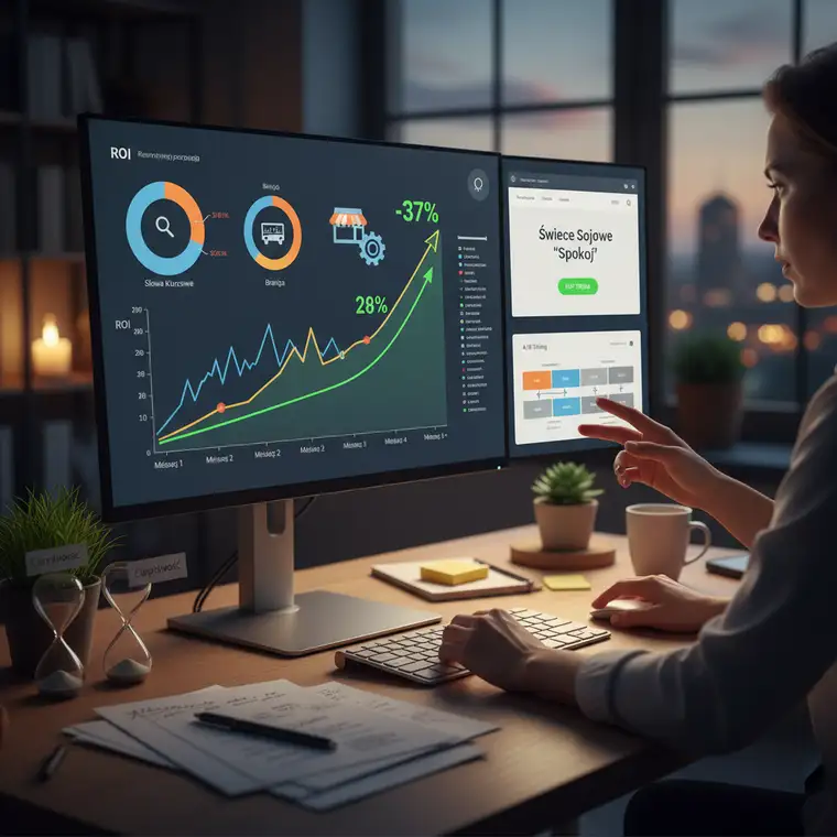 Panel Google Ads z danymi o kampanii, pokazujący fazę optymalizacji i moment, gdy kampania zaczyna zarabiać na siebie