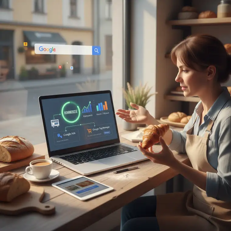 Panel Google Ads i Google Tag Manager używany do konfiguracji śledzenia konwersji dla małej firmy prowadzącej kampanie reklamowe