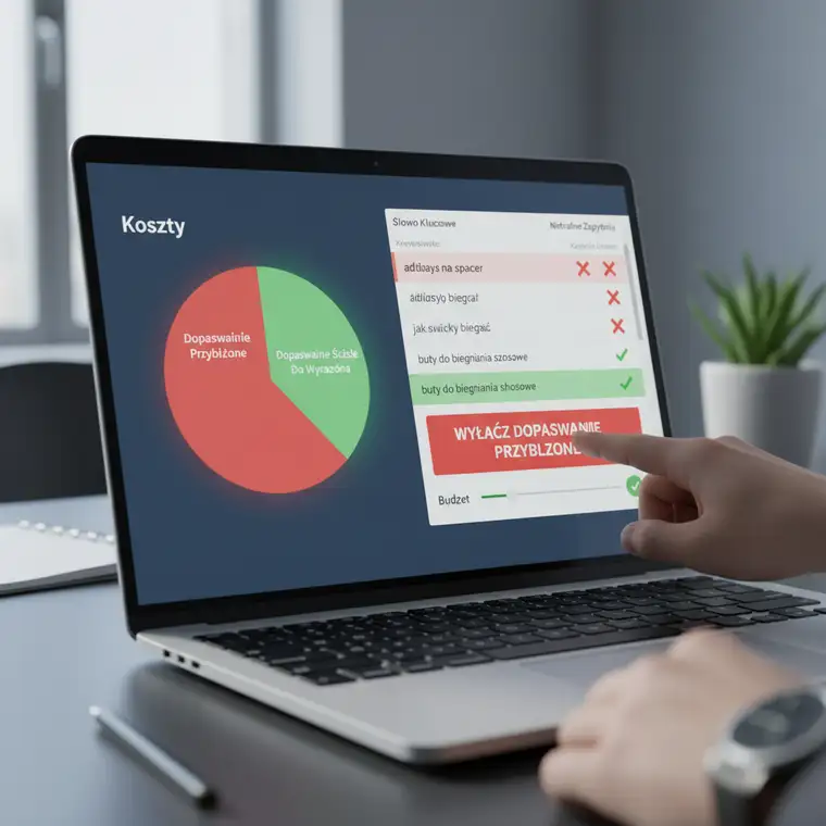 Panel Google Ads z raportem wyszukiwanych haseł pokazujący, kiedy wyłączyć słowa kluczowe w dopasowaniu przybliżonym i przejść na bardziej precyzyjne typy