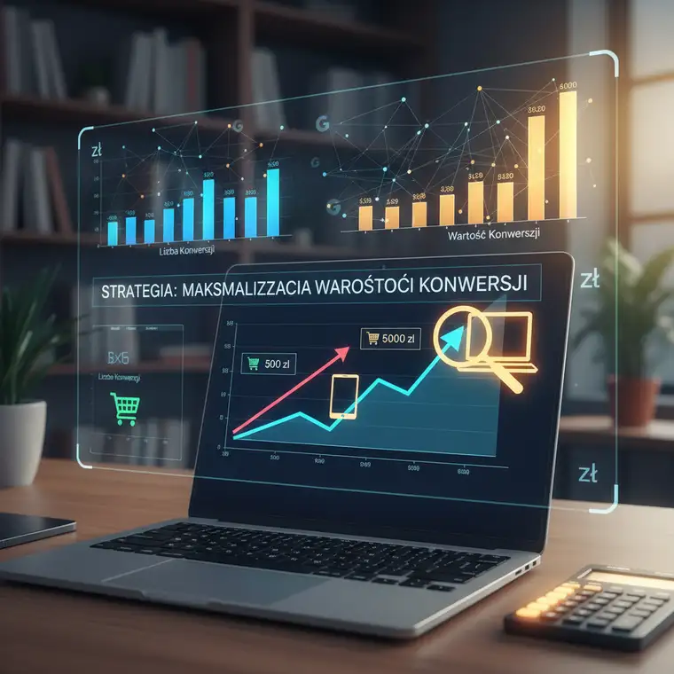 Wykres wzrostu wartości konwersji w kampanii Google Ads pokazujący efekty wdrożenia strategii maksymalizacji wartości konwersji