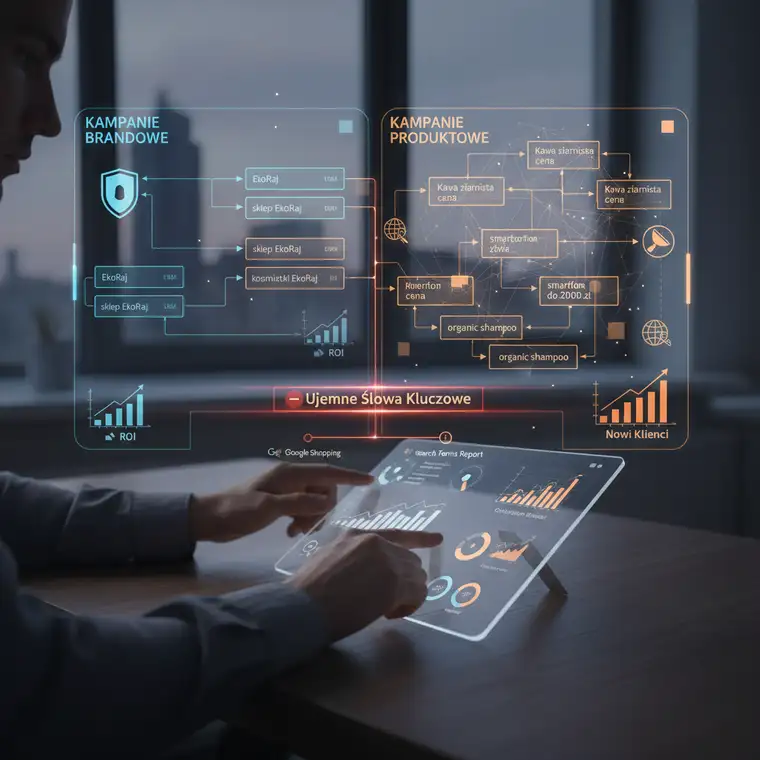 Dashboard z wynikami kampanii Google Ads pokazujący oddzielne wyniki dla kampanii brandowych i produktowych w e-commerce