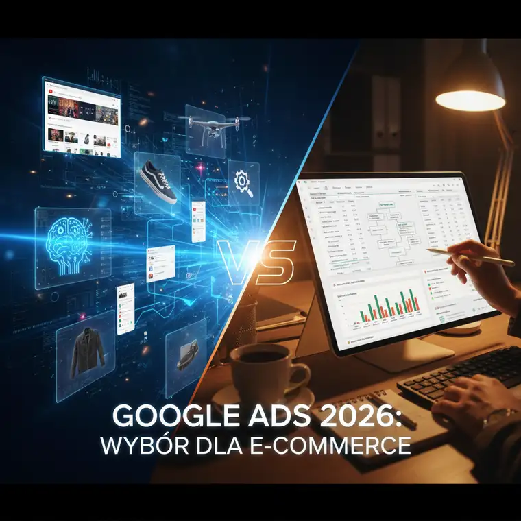 Panel analityczny Google Ads z wynikami Performance Max i Standardowych Kampanii Produktowych w e-commerce w 2026 roku