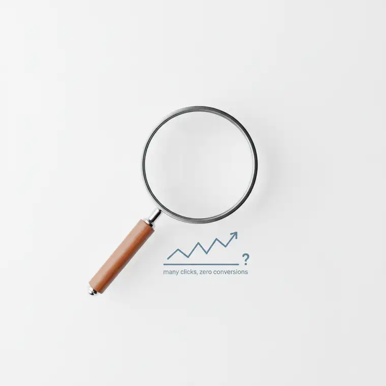 Wykres kampanii Google Ads z dużą liczbą kliknięć i brakiem zapytań, ilustrujący problem kliknięć bez konwersji i braku leadów