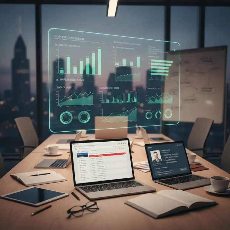 Zespół marketingowy analizuje landing page i jakość reklam Google Ads, aby obniżyć koszt konwersji w usługach B2B