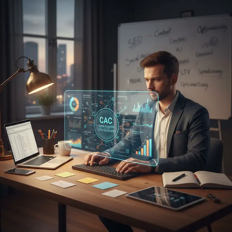 Zespół małej agencji marketingowej analizuje na tablicy wskaźnik CAC oraz strategie pozyskiwania klientów w 2026 roku