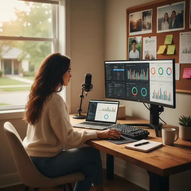 Doświadczony freelancer marketingowy analizuje portfolio i stawki rynkowe, aby ustalić ile powinien zarabiać za godzinę pracy z domu