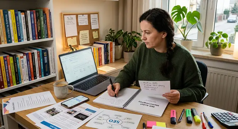 Checklisty i narzędzia do samodzielnego audytu marketingowego w jednoosobowej firmie, ekran z danymi i notatki przedsiębiorcy