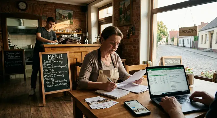 Właściciel restauracji analizuje profil Google Moja Firma i social media jako element audytu marketingowego w małym mieście