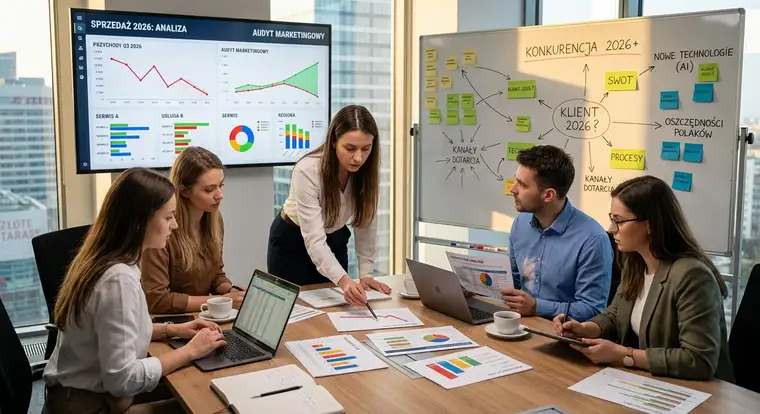 Zespół marketingowy analizujący wyniki kampanii usługowej – audyt działań promocyjnych po spadku sprzedaży w 2026 roku