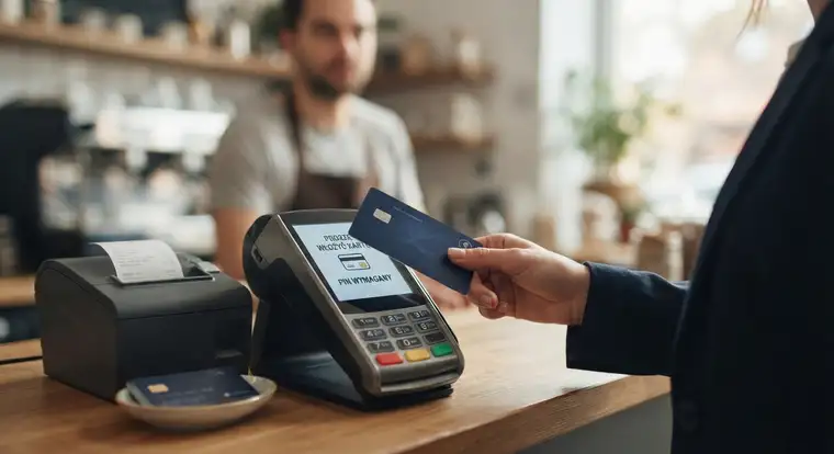 Starszy terminal płatniczy bez funkcji NFC, przy którym karta firmowa wymaga włożenia chipa i podania PIN zamiast płatności zbliżeniowej