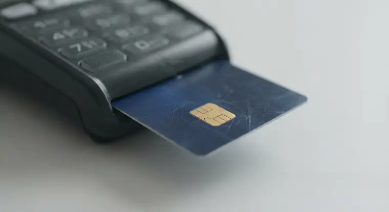 Karta kredytowa zbliżona do terminala płatniczego z ikoną NFC, symbolizująca problem z płatnościami zbliżeniowymi przy transakcjach firmowych