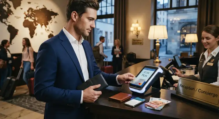 Karta kredytowa za granicą, bezpieczne płatności w obcej walucie, podróżny trzyma kartę przy terminalu na lotnisku, telefon z powiadomieniami