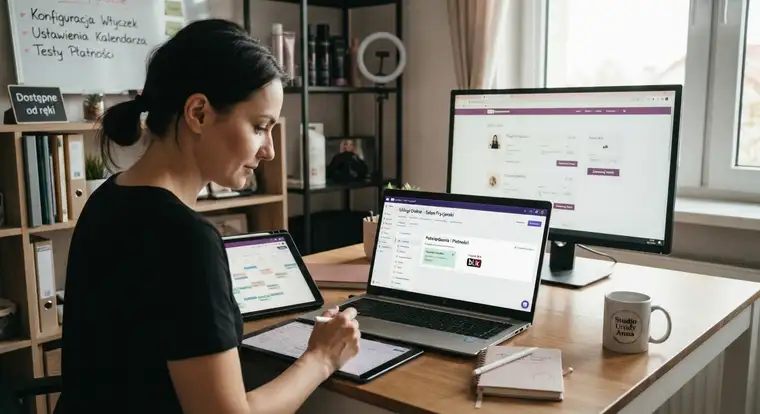 Właściciel małej firmy usługowej konfigurujący sklep internetowy z kalendarzem rezerwacji i płatnościami online